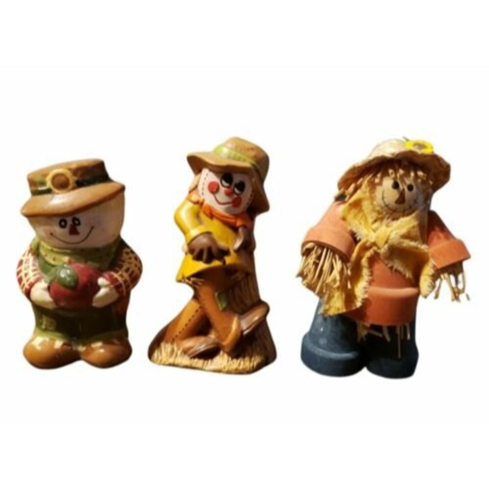 Fall Autumn Winter Decor Lot of 3 Scarecrows Snowman Figurines
